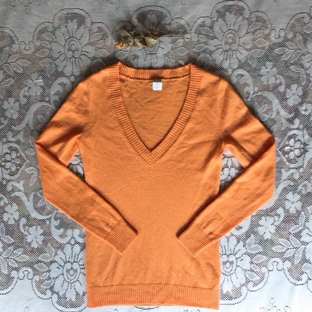 J Crew Divina 100% Cashmere Orange V Neck Sweater